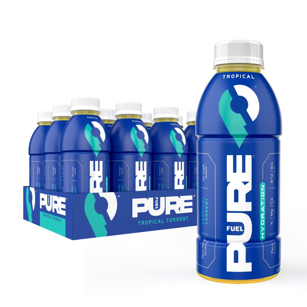 Pure Fuel Hydration Drinks - Tropical Torrent, Plant-Based Electrolytes, No Added Sugar, 12 Pack x 16.9 fl oz Bottles