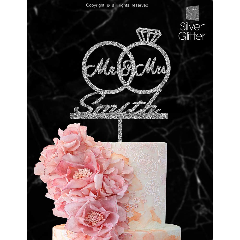 Personalized Bride And Groom Wedding Cake Topper With Customized Last Name For Mr Mrs (Silver Glitter)