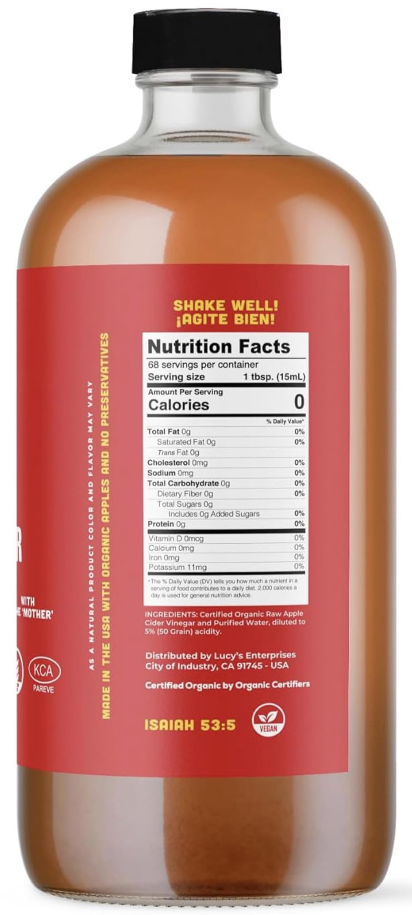 Lucys Organic Raw Apple Cider Vinegar, Unfiltered, 34oz Glass Bottle