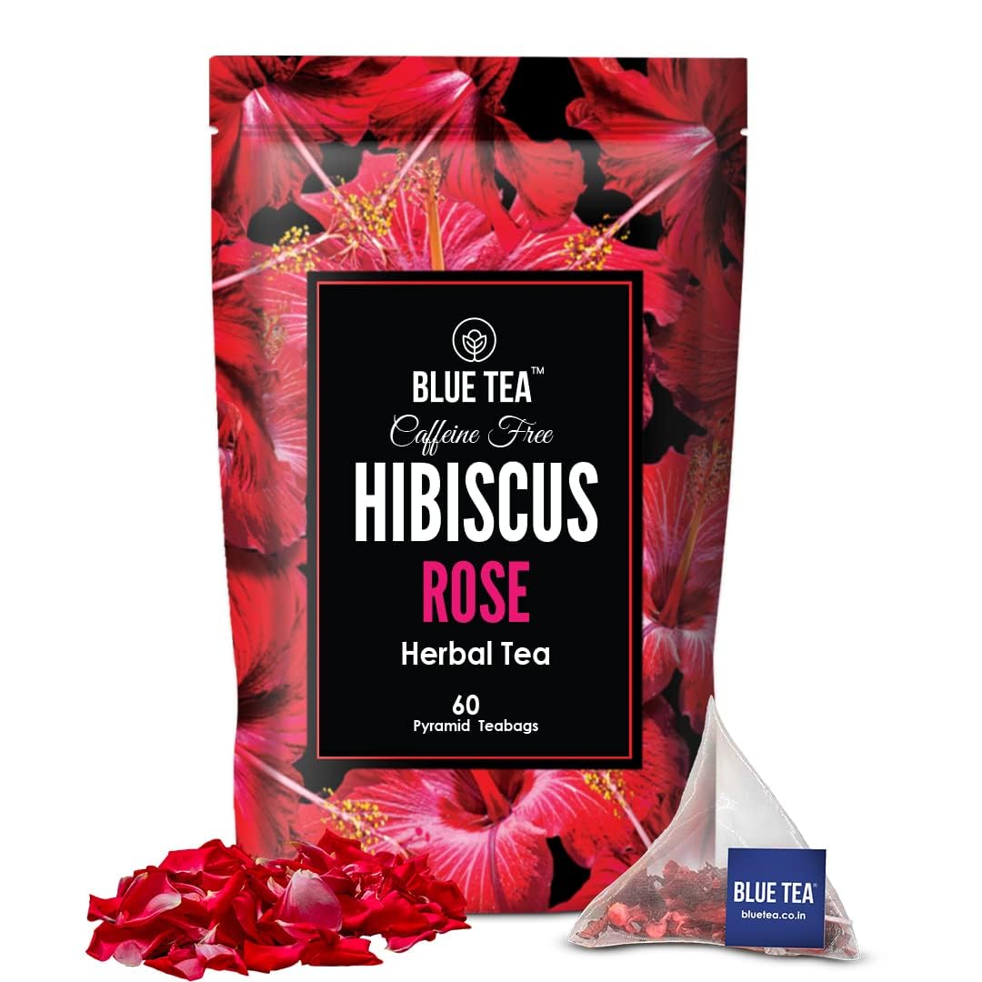 BLUE TEA Hibiscus Tea - 60 Count Pyramid Tea Bags - Caffeine Free, Vegan, Gluten Free, Non-GMO - Zipper Pack