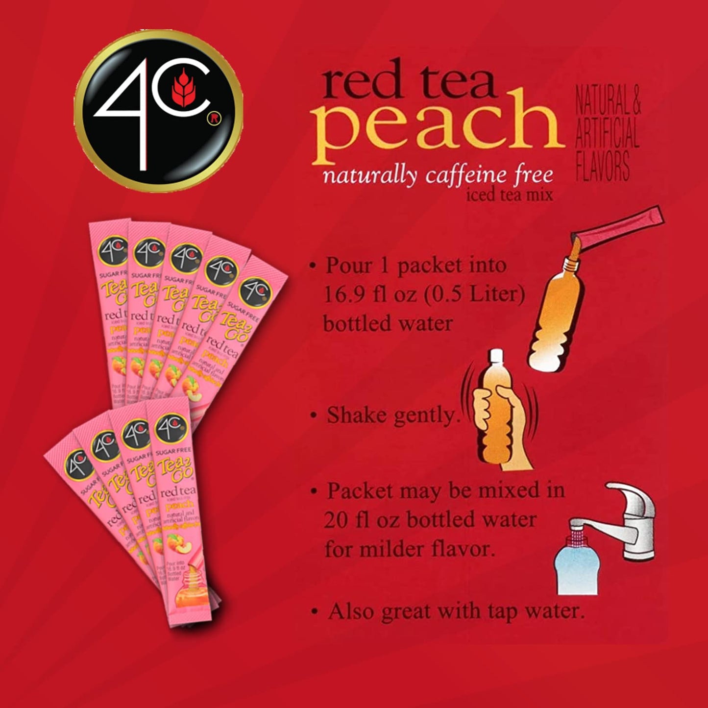 4C Powder Drink Stix, Red Tea Peach 500 Count, Bulk Buy, Singles Stix, On The Go, Refreshing Water Flavorings, Value Pack