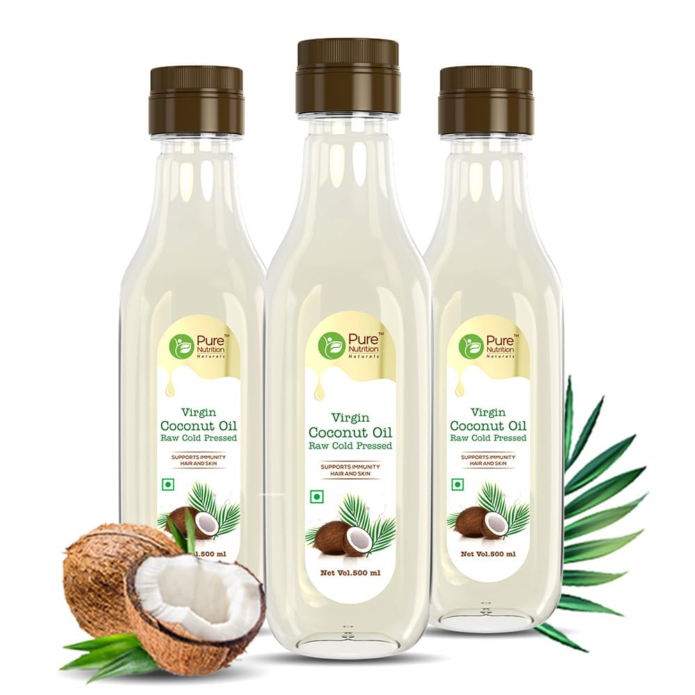 Pure Nutrition Naturals Virgin Coconut Oil 1.5 Ltr (500Ml X 3 Pet Bottles), Cold Pressed & Unrefined, Good For Hair Growth, Skin