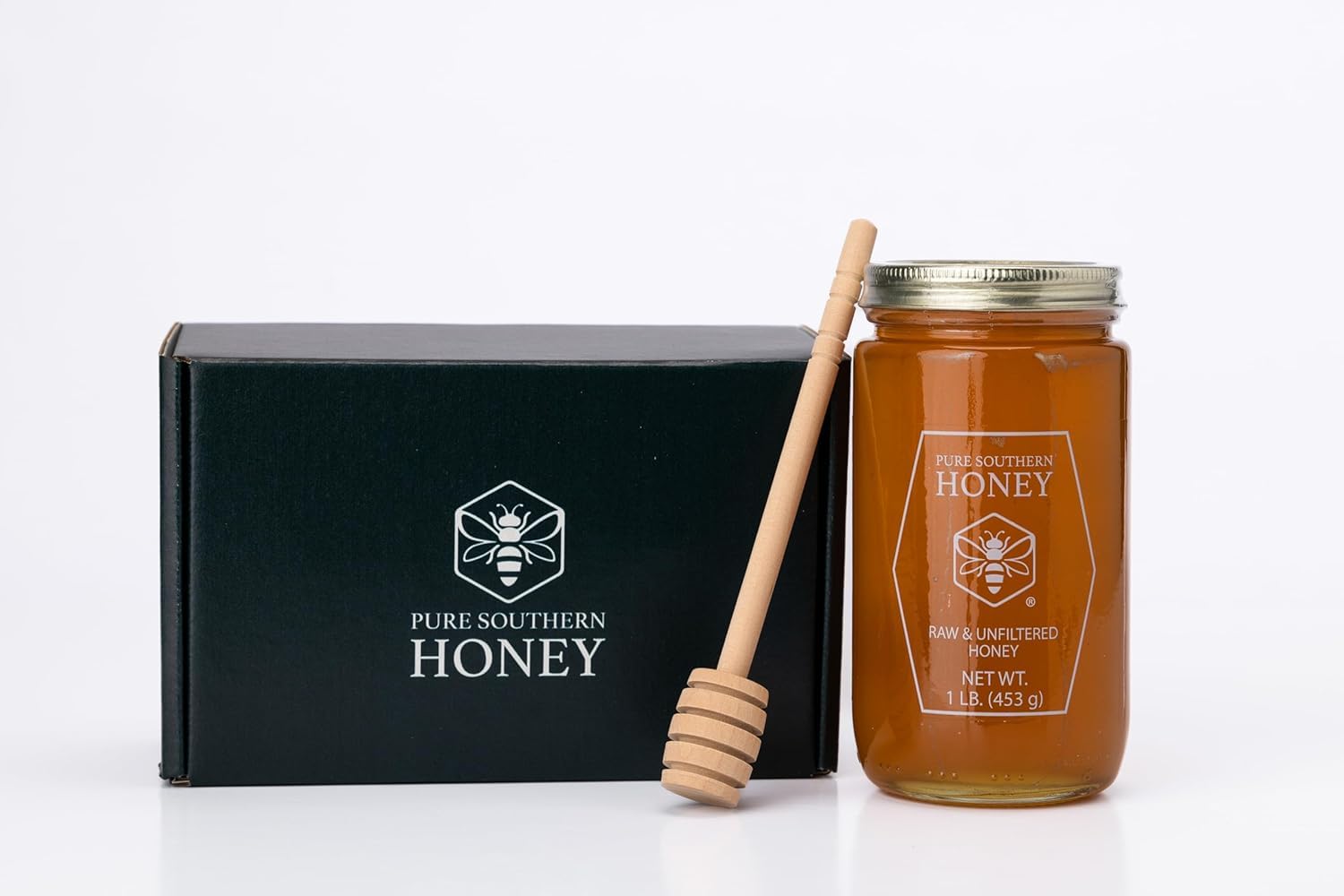 100% Authentic, USA - Made Raw Unfiltered Gourmet Honey Gift Box with Dipper by Pure Southern Honey [ 1 lb] - Unheated - Non - G