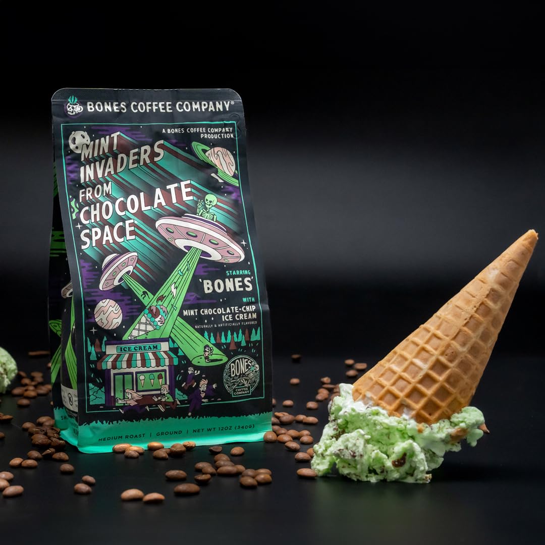 Bones Coffee Company Mint Invaders Ground Coffee Beans, Mint Chocolate Chip Flavor, Low Acid Flavored Coffee, Made With Arabica