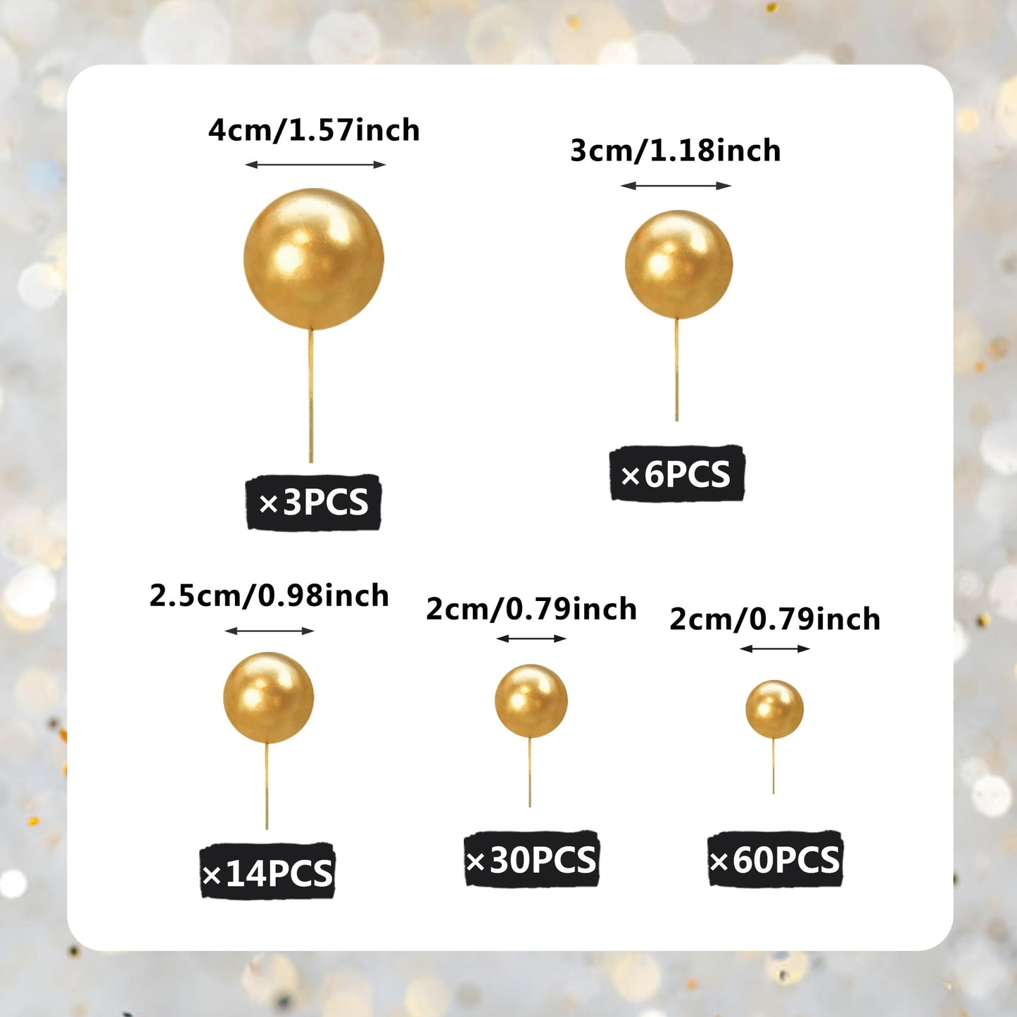 RASSLISA 113 PCS Colorful Ball Cake Picks - Pearl Balls Cupcake Toppers for Birthday Party & Wedding, Gold