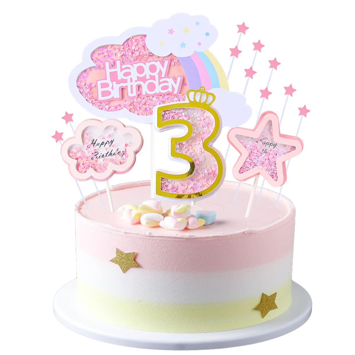 Kawailay Baby Boy 3St Birthday Cake Decoration Set Third Birthday Cake Topper With Rainbow Clouds Stars Cake Picks Three Year Ol