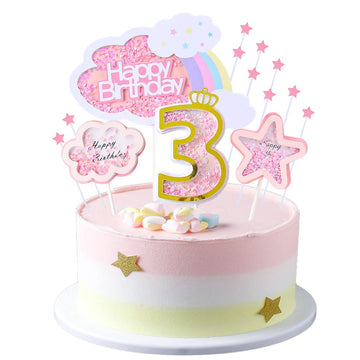 Kawailay Baby Boy 3St Birthday Cake Decoration Set Third Birthday Cake Topper With Rainbow Clouds Stars Cake Picks Three Year Ol
