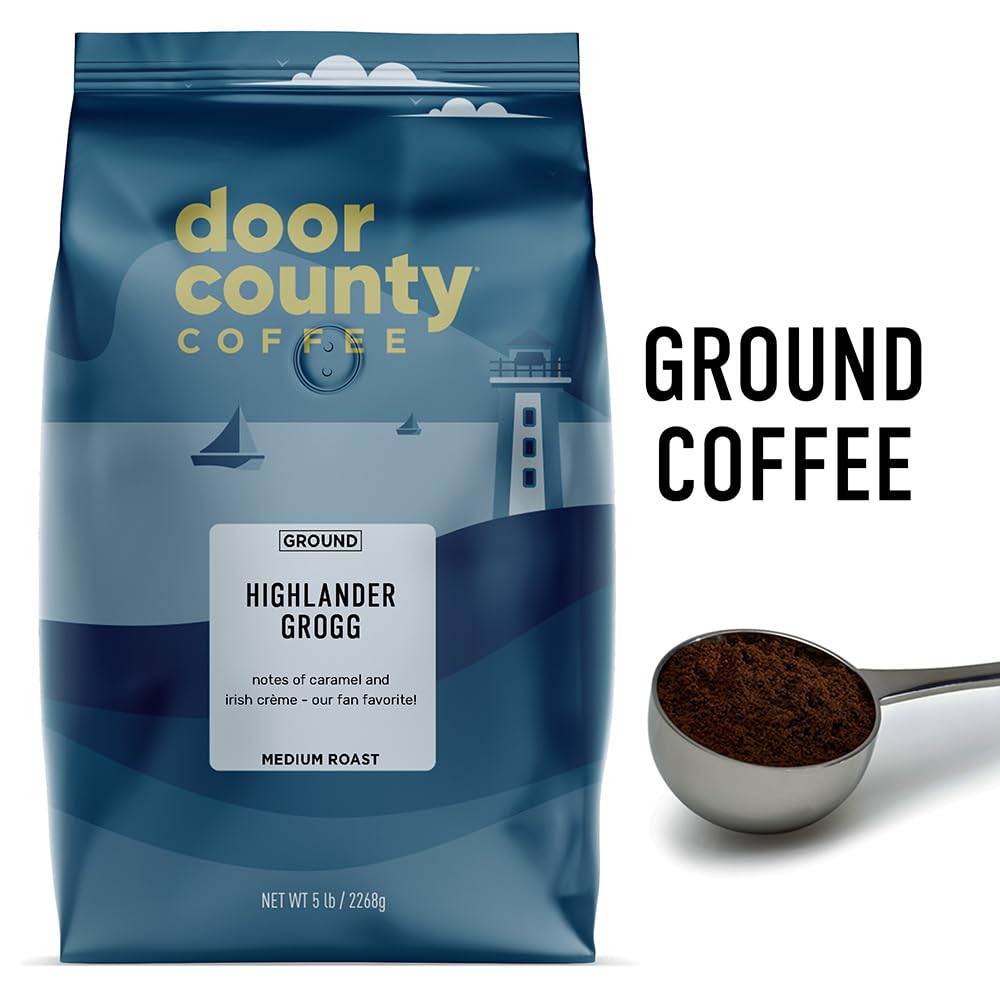 Door County Coffee Highlander Grogg Flavored Coffee Ground - 5 lb Bag - Flavored Ground Coffee Medium Roast - 100% Specialty Ara