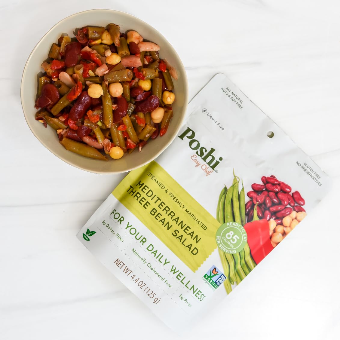 Poshi Mediterranean Three Bean Salad | All Natural, Keto, Vegan, Paleo, Non Gmo, Low Carb + Calorie, Gluten Free, Rady To Eat, F