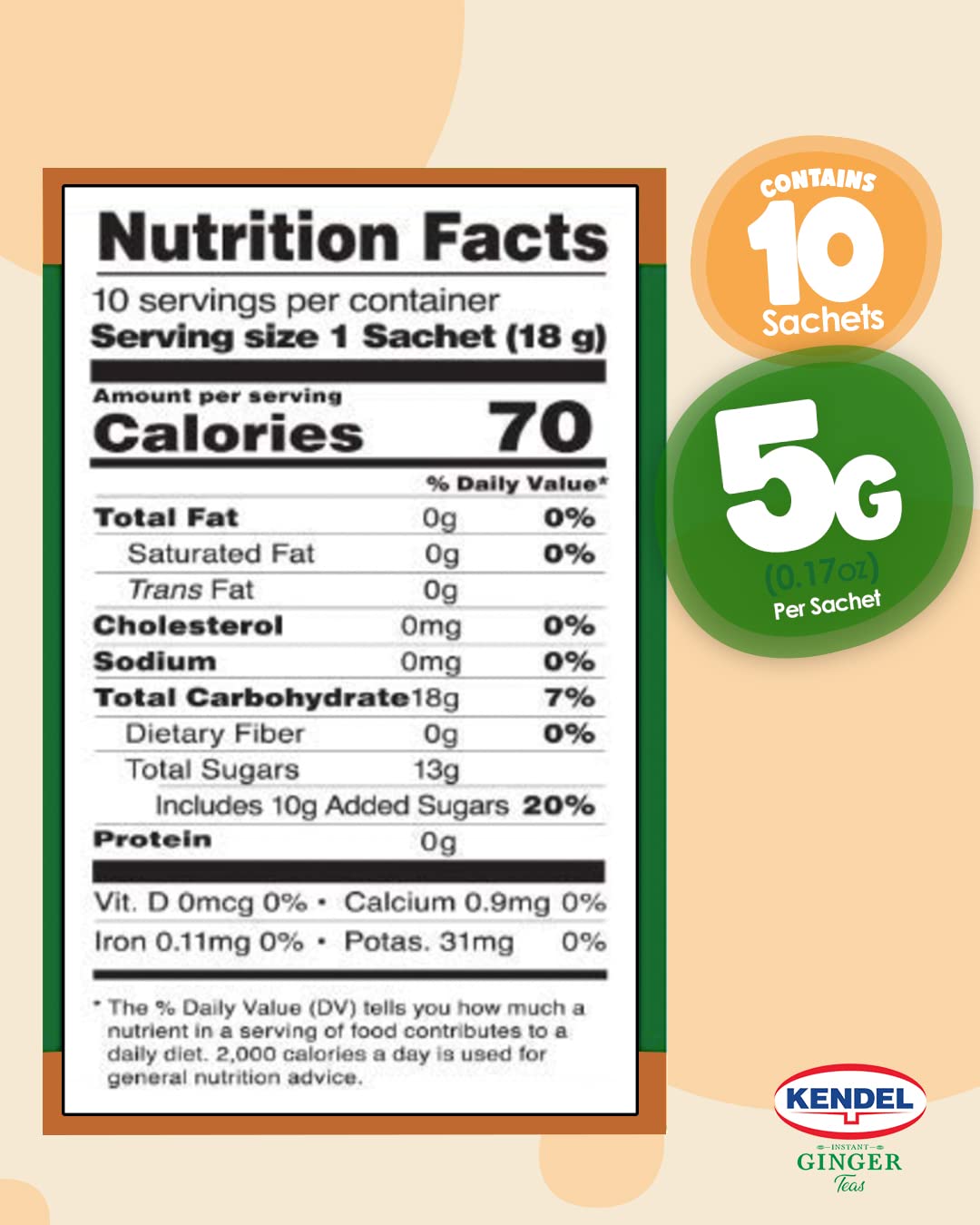 Kendel Instant Ginger Drink With Sugar, Made From Real Ginger Crushed Into Fine Powder, Contains Cane Sugar, May Aid Digestion, Can Be Enjoyed Hot Or Cold, Caffeine Free (10 Sachets Per Box)