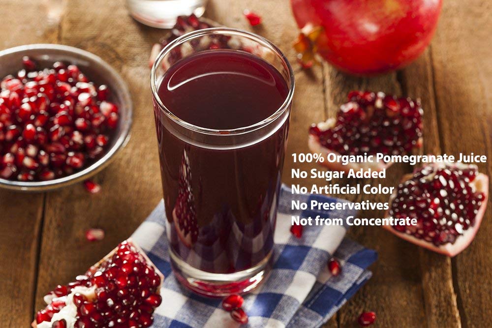 100% Organic Pomegranate Juice  33.8 Oz Glass Bottle (6 Pack) No Sugar  No Artificial Colors  No Preservatives  No Flavors Added  Gluten Free and Kosher