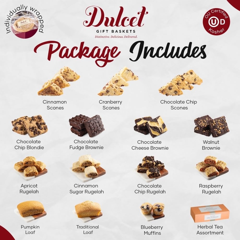 Dulcet Gift Baskets Deluxe Tea and Food Gift Basket, 17 Piece Set, Featuring Scones, Brownies, Muffins, and More