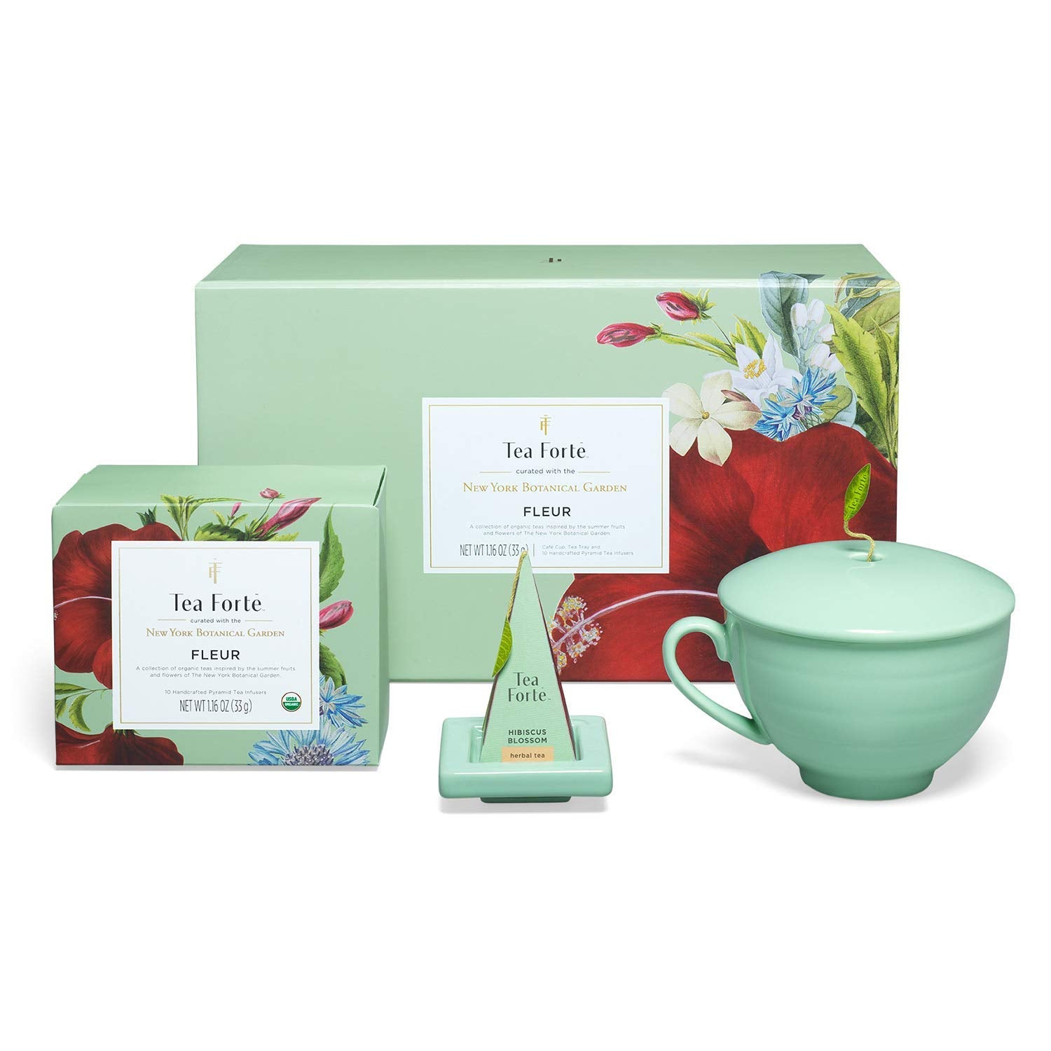Tea Forte Fleur 3-Piece Premium Tea Gift Set with Pale Mint Green Cafe Cup with Lid, Tea Tray and 10 Assorted 2 of Each Variety 