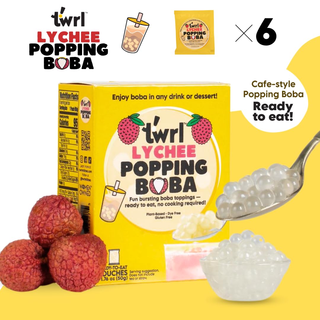 Twrl Lychee Popping Boba for Bubble Tea - Cafe Style Bursting Juice-Filled Pearl Toppings at Home  Instant  Plant-Based  Gluten-Free  Dye-Free  No High Fructose Corn Syrup - 6 Single Servings