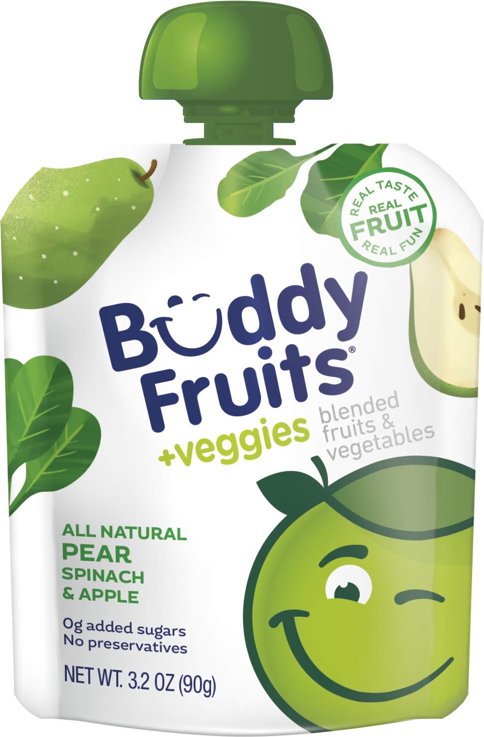 Buddy Fruits & Veggies Snacks To Go Pear Spinach Unsweetened Applesauce 3.2Oz Pouch (18Pk) Gluten-Nut-Dairy-Preservatives-Bpa Fr