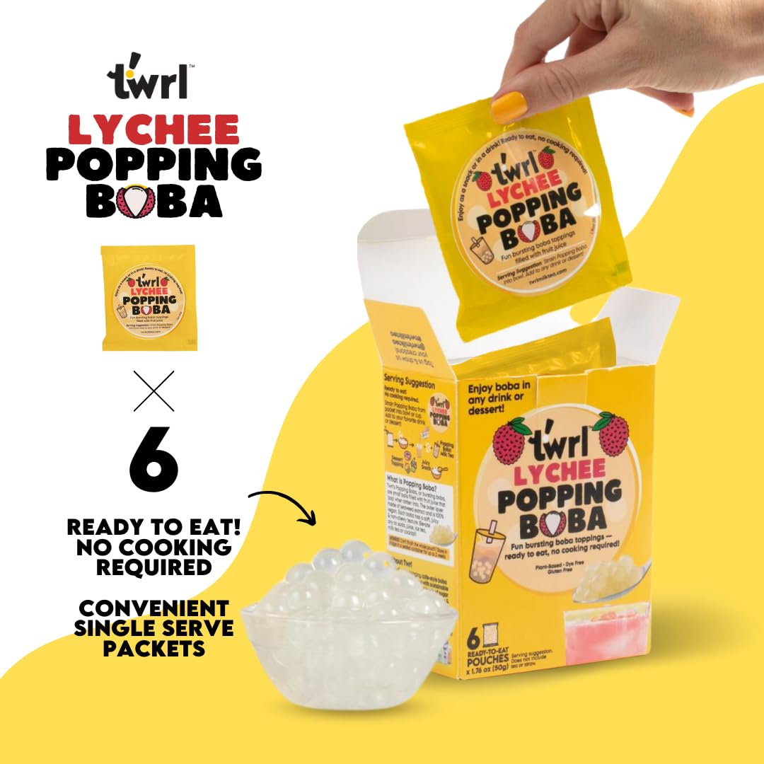 Twrl Lychee Popping Boba for Bubble Tea - Cafe Style Bursting Juice-Filled Pearl Toppings at Home  Instant  Plant-Based  Gluten-Free  Dye-Free  No High Fructose Corn Syrup - 6 Single Servings