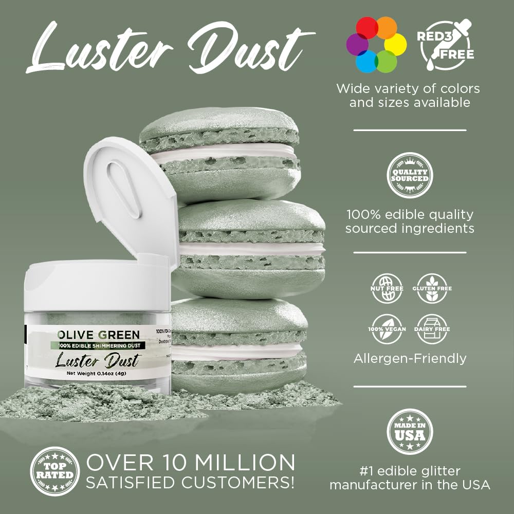 Luster Dust - Olive Green (4G 1X Jar) | Edible Vegan Dust & Paint For Cake Decorating, Ice Cream, Desserts, Cocktails And Bevera