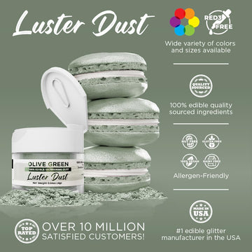 Luster Dust - Olive Green (4G 1X Jar) | Edible Vegan Dust & Paint For Cake Decorating, Ice Cream, Desserts, Cocktails And Bevera