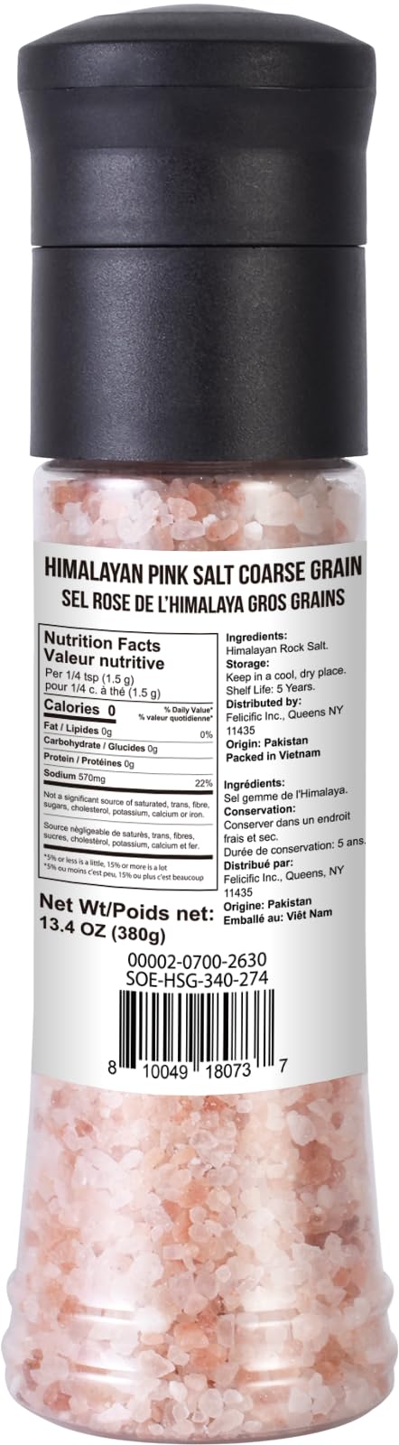 Soeos Salt Grinder Set  Himalayan Pink Salt  Coarse Grain  Salt for Grinder Refill  13.4 Oz (380g)  Refillable Plastic Bottle  Rock Salt  Kosher Salt Set (Pack of 1)