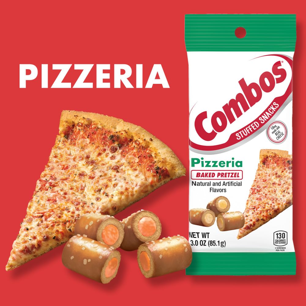 COMBOS Stuffed Snacks Pizzeria Baked Pretzel Snacks, 3.0 oz Bag (Pack of 12)