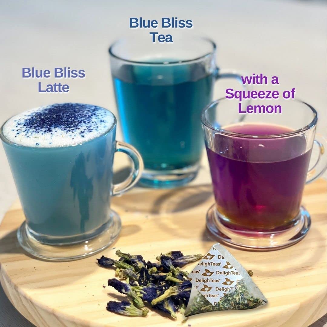 DelighTeas Organic Butterfly Pea Flower Tea with Ginger & Lemongrass, 16 Pyramid Tea Bags, USDA Organic, Vegan, Caffeine Free