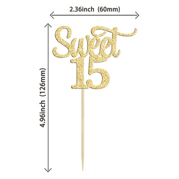 Gyufise 24Pcs Sweet 15 Cupcake Toppers Gold Glitter Number 15 Fifteen Cake Picks Decorations For 15Th Birthday Anniversary Party