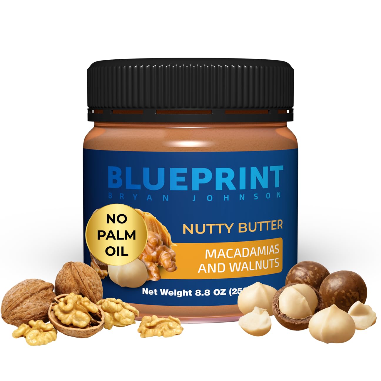 Blueprint Bryan Johnson Nutty Butter - Chunky Macadamia Nut Butter with Walnut - No Palm Oil  No Added Sugar - Just 3 Ingredient Nut Butter- Keto  Vegan  Paleo - Low Carb Nut Butter Snack - 8.8oz Jar