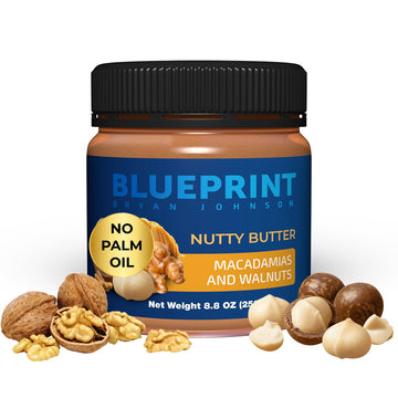 Blueprint Bryan Johnson Nutty Butter - Chunky Macadamia Nut Butter with Walnut - No Palm Oil  No Added Sugar - Just 3 Ingredient Nut Butter- Keto  Vegan  Paleo - Low Carb Nut Butter Snack - 8.8oz Jar