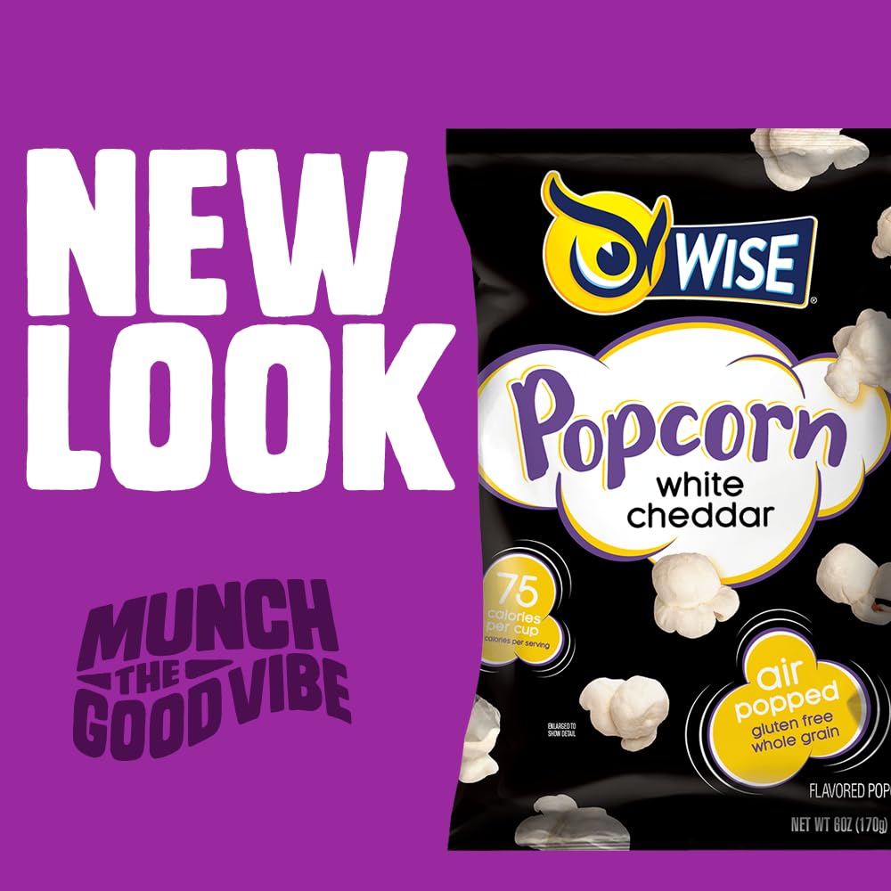 Wise Snacks White Cheddar Popcorn, 0.625 Ounce, Air Popped Individual Snack Size Bags Healthy Popcorn Snacks, School and Hallowe