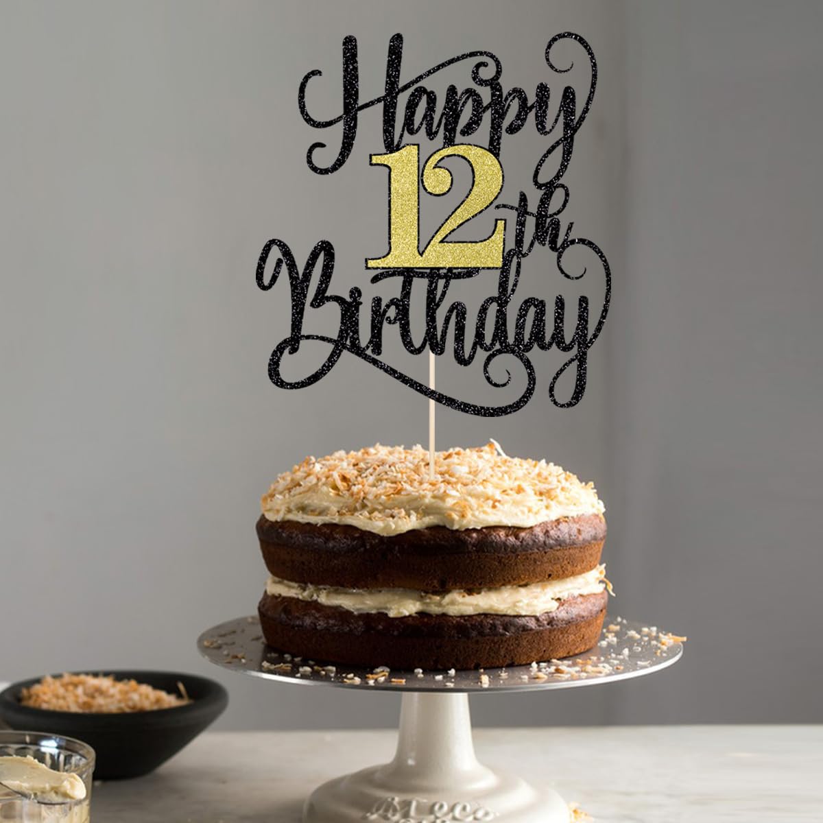 Happy 12Th Birthday Cake Topper, 12 Birthday Party Cake Decorations (Black And Gold Flashes, 12Th)