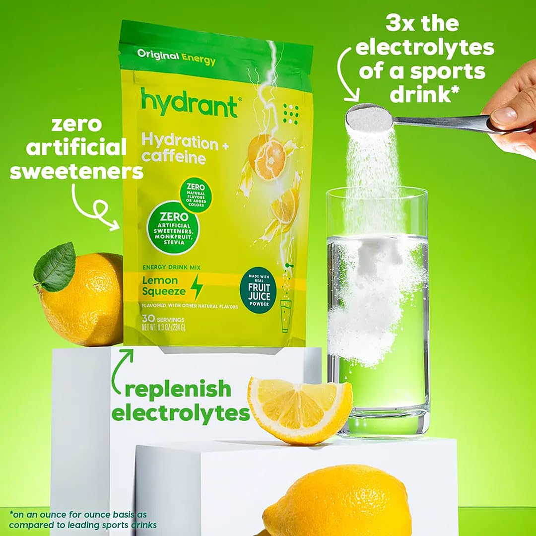 Hydrant - Bulk Energy Electrolyte Powder, Lemon Squeeze Flavor, 30 Servings Caffeine & L-Theanine Energy Hydration Powder - Low Sugar For Daily Use