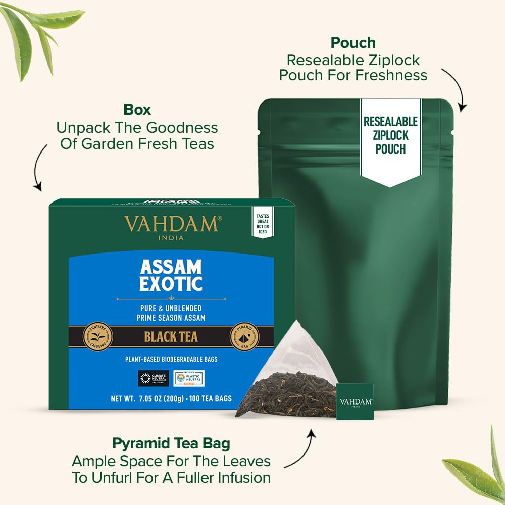 VAHDAM Assam Black Tea Bags - High Caffeine, Gluten-Free, Whole Loose-Leaf, 100 Count Resealable Ziplock Pouch
