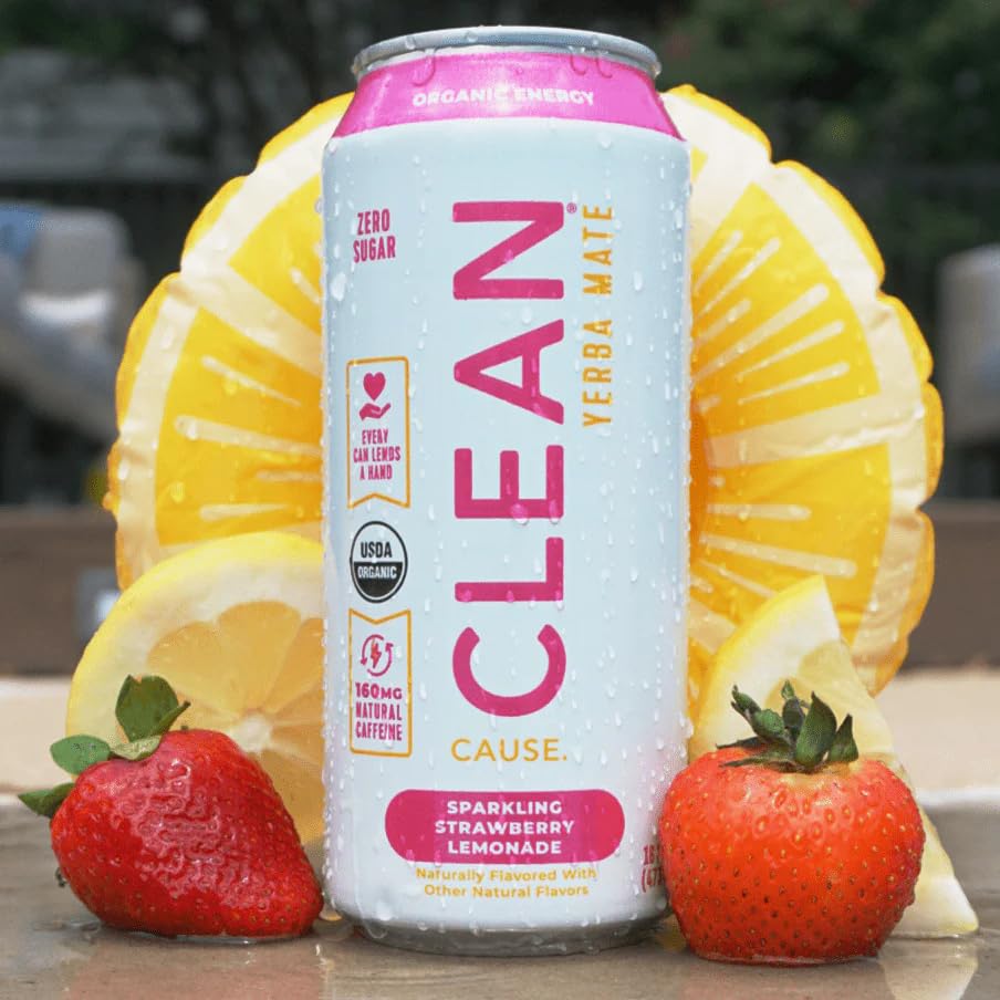 NEW CLEAN Cause Zero Sugar Strawberry Lemonade Yerba Mate Tea Sparkling  USDA Organic Energy Drink Alternative  Zero Calorie  160mg Natural Caffeine  Soda Alternative (16oz cans  12-Pack Case)