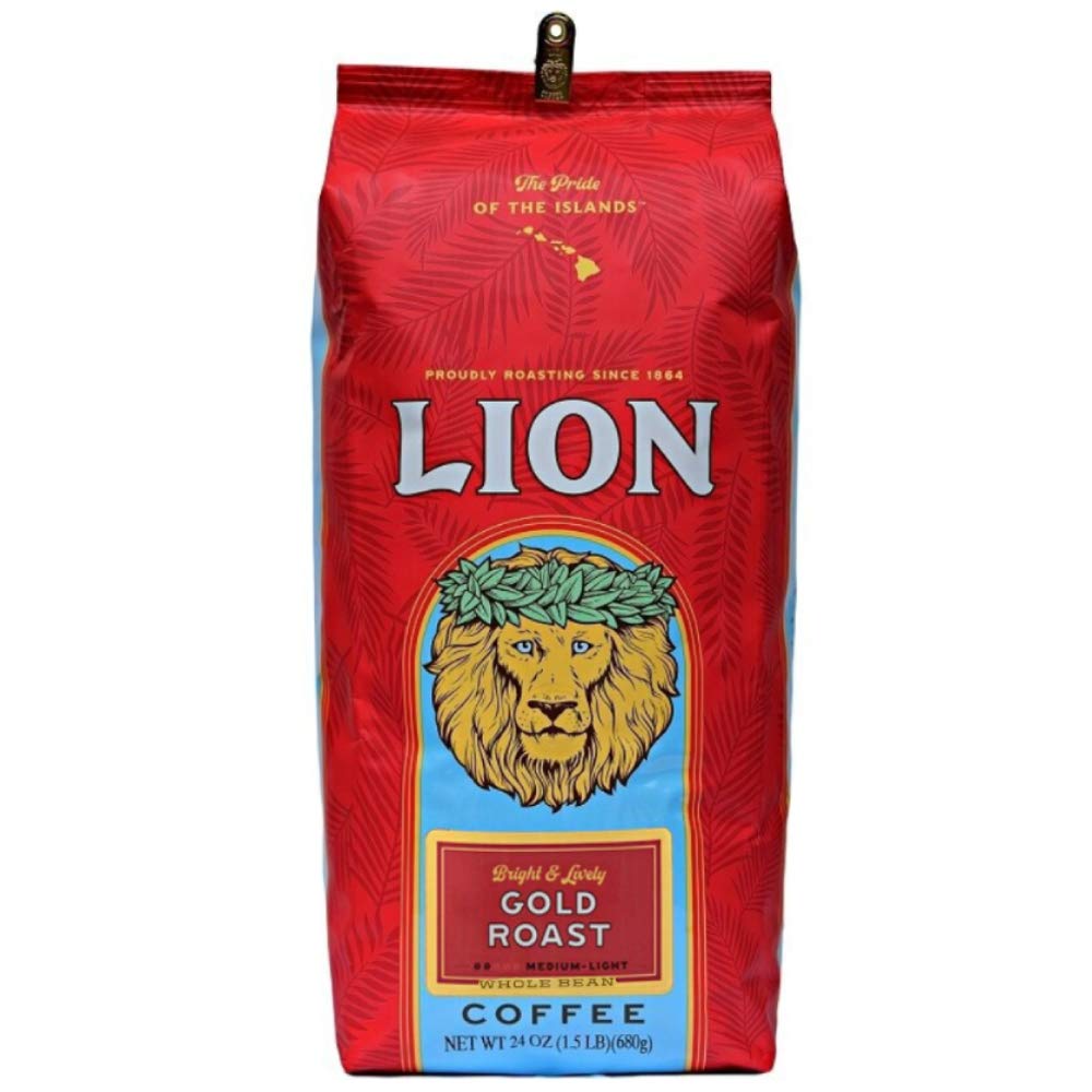 Lion Coffee Gold Roast Whole Bean Coffee, Medium-Light Roast, 24 Ounce Bag