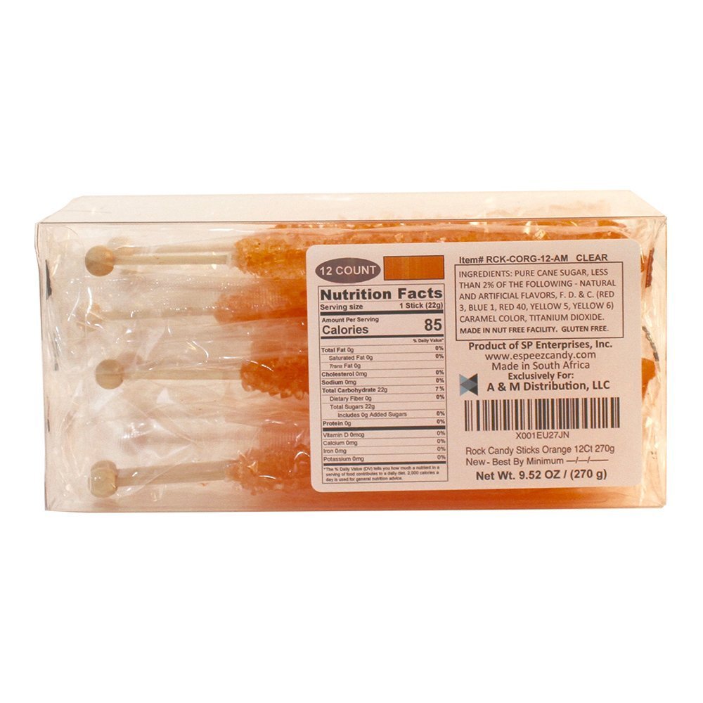 Espeez Extra Large Rock Candy Sticks - 12 Orange Individually Wrapped for Party Favors and Candy Buffets