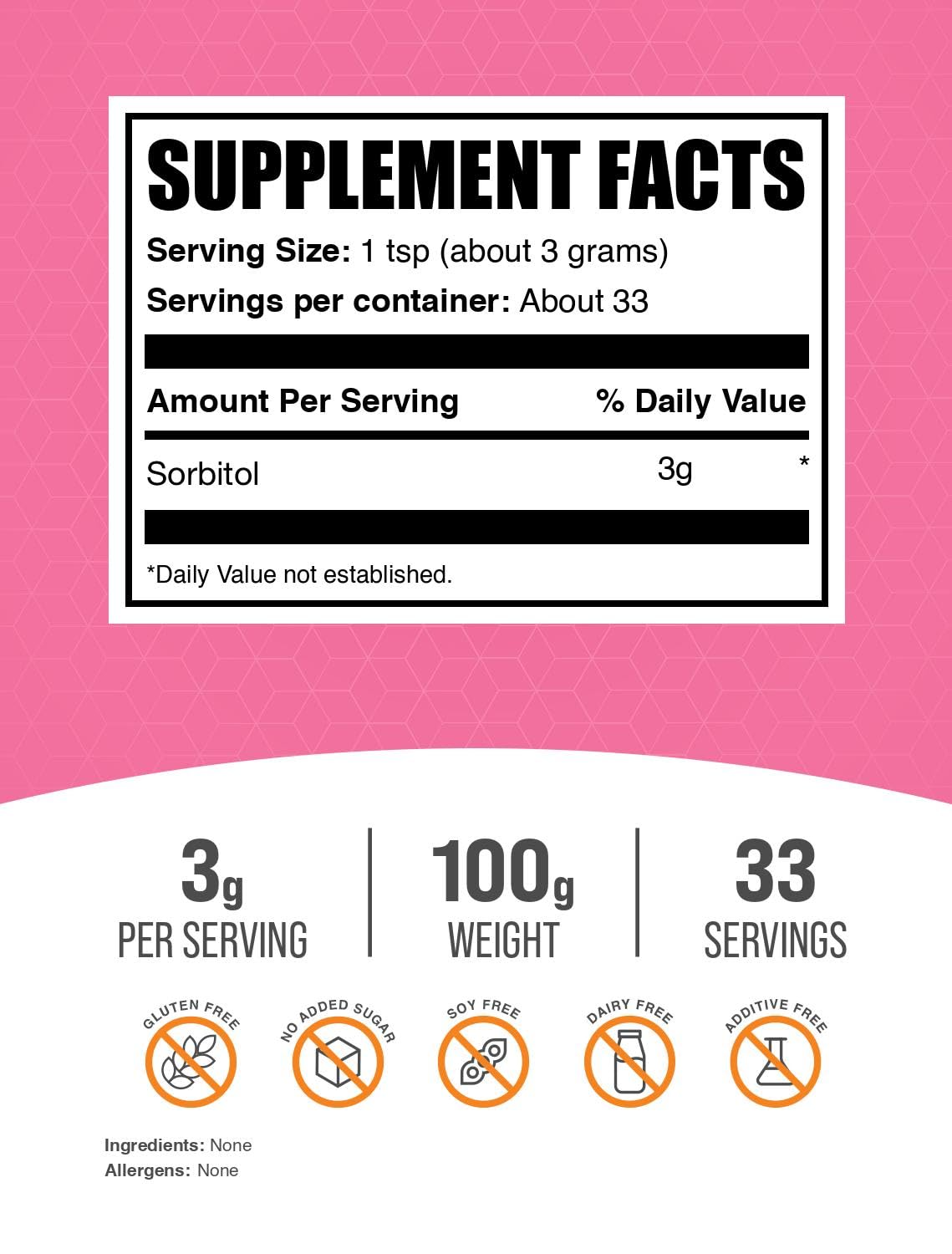 Bulkdietary products Sorbitol Powder - Low Calorie Sugar Substitute, 100g (3.52 oz), Gluten Free