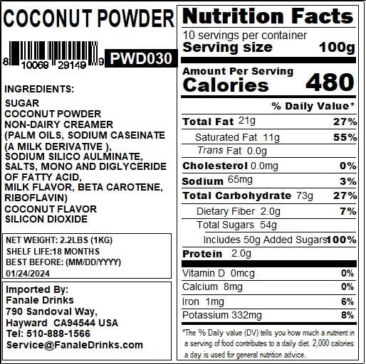 Fanale Coconut Bubble Tea Flavoring Powder - Instant Flavoring for Baking, Smoothies & Drinks - 2.2 lb Pack