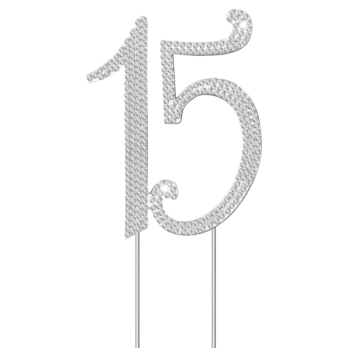 Janou 15 Cake Topper Number 15 Crystal Rhinestones 15Th Cake Decoration For Birthday Anniversary Party Decoration (Silver)