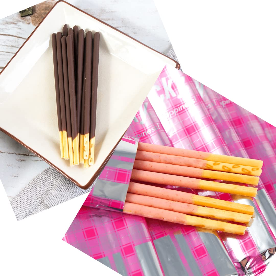 UNHAS ASIAN SNACK BOX Pocky Sticks Family Pack, Chocolate & Strawberry Cream, 9 Count (Pack of 2), Red Pink