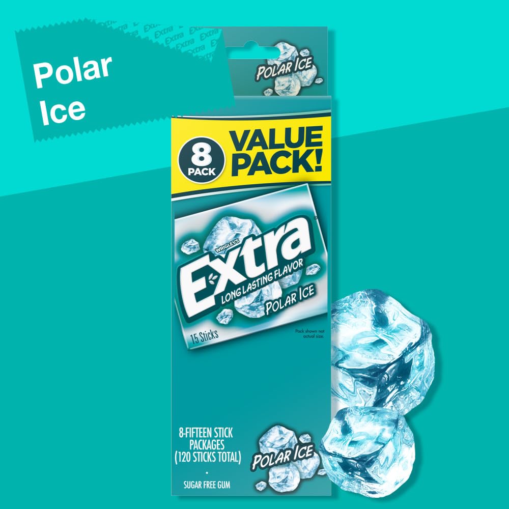 Extra Polar Ice Sugar Free Chewing Gum, 120 Count Bulk Pack, 8 Packs of 15 Pieces