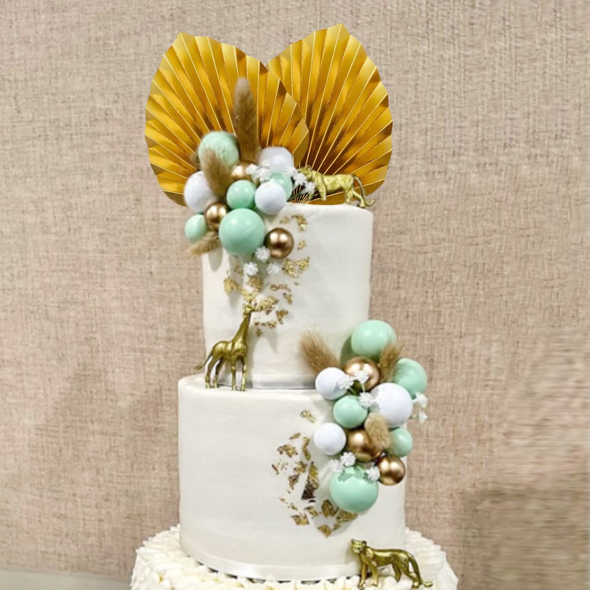 Flower Cake Topper Gold Palm Leaves Balls Cake Decoration For Baby Shower Birthday Party (Babysbreath Flower)