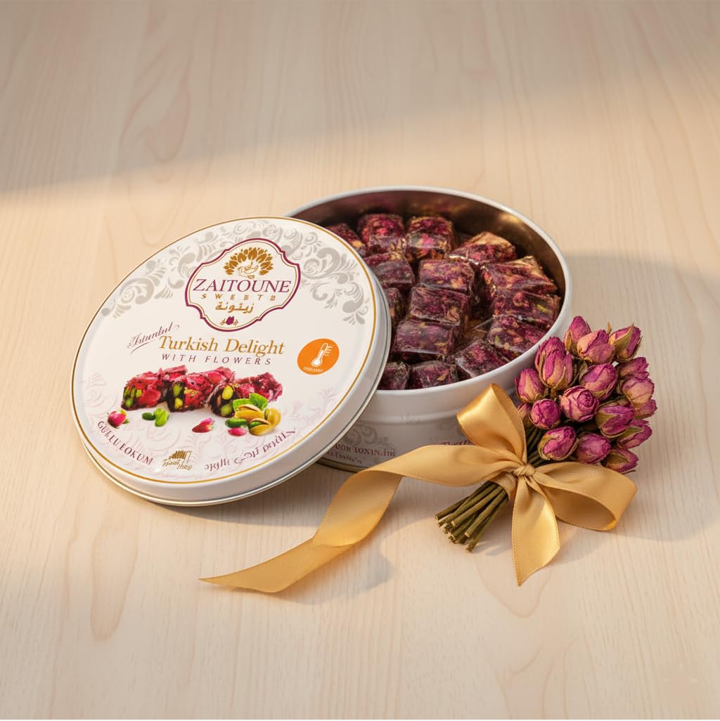 Zaitoune Rose Covered Turkish Delight - 9 Oz | Stuffed With Pistachios & Cashews | Coated With Dried Rose Petals | Authentic Luxury Lokum Sweets In Beautiful Gift Tin | Handmade, Individually Wrapped