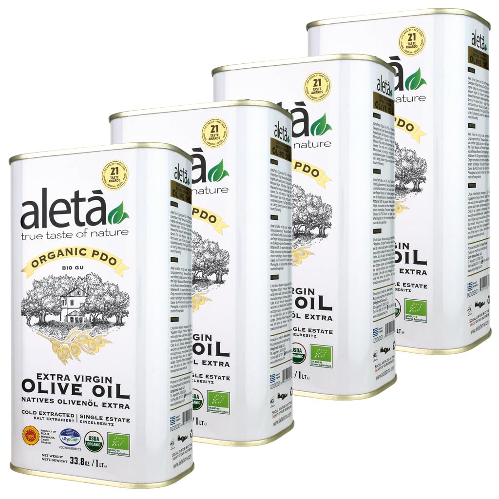 Aleta Farms Extra Virgin Olive Oil, USDA Organic, Cold Pressed, 33.8 Fl Oz (Pack of 4)