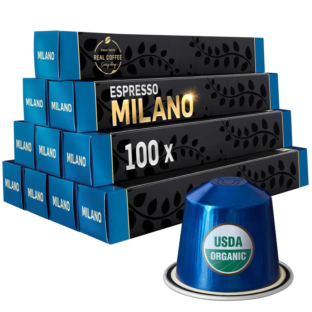 REAL COFFEE ‘Milano’ Organic Italian Espresso Pods | 100 USDA Organic Aluminum Capsules | 100% Nespresso Compatible | 100 Count
