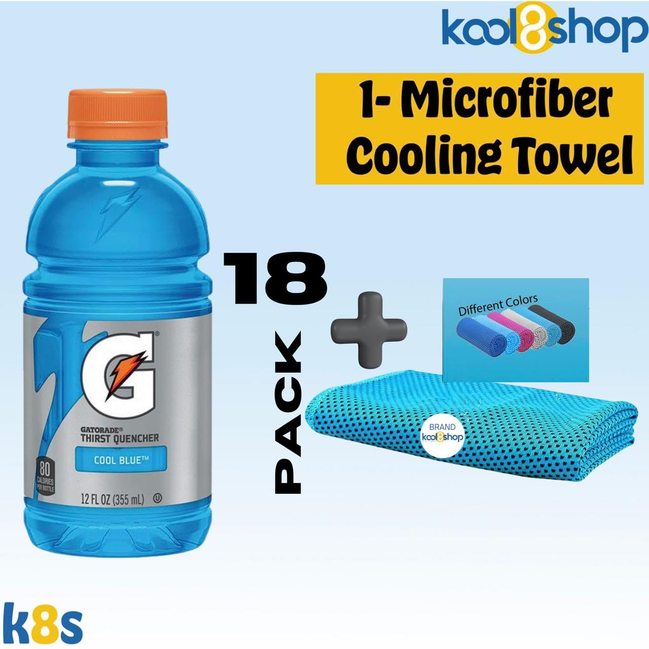 Gatorade Cool Blue Thirst Quencher Electrolyte Enhanced Sports Drink 12 Fl Oz Plastic Bottle 18 Pack + 1 Microfiber Cooling Towe