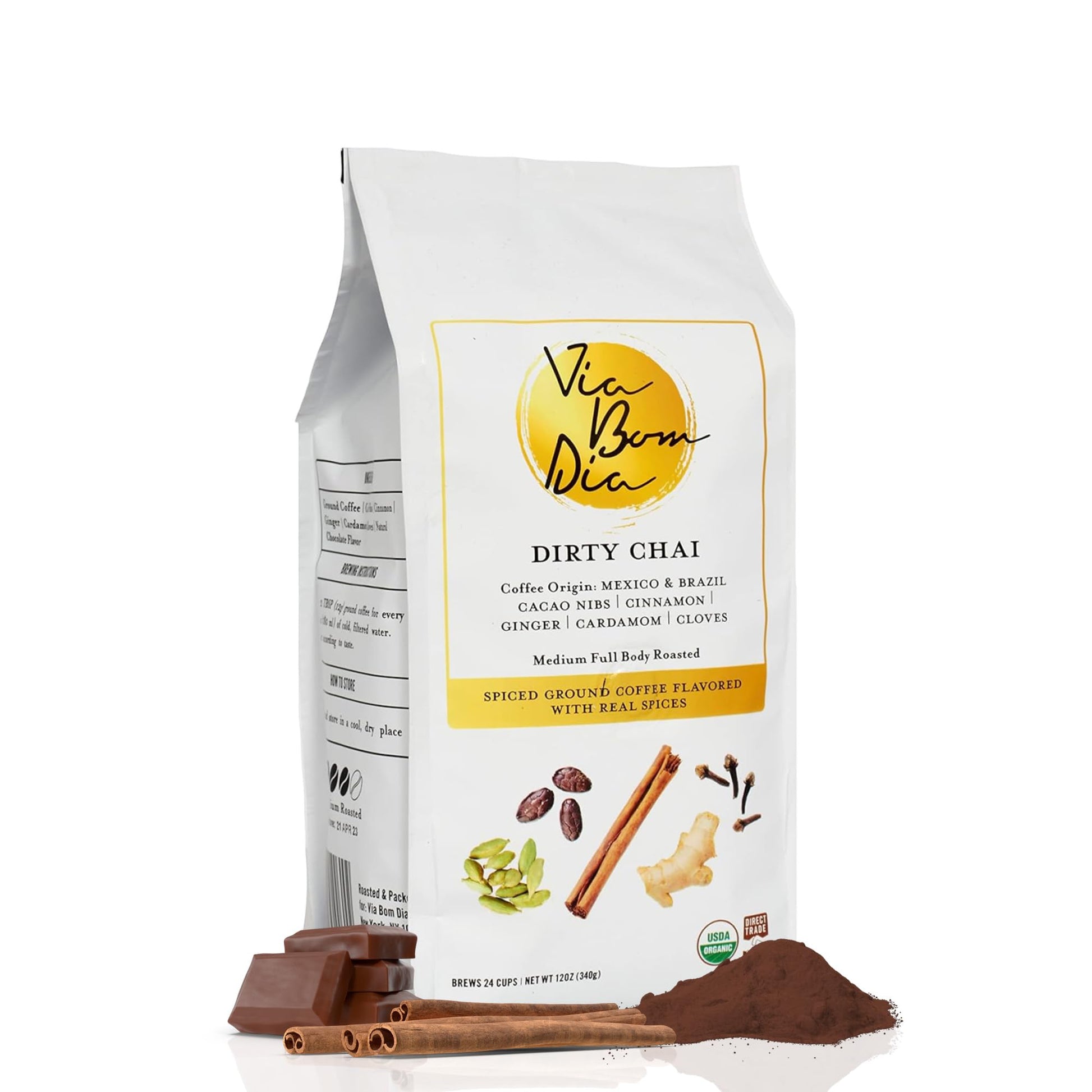 Via Bom Dia Ground Coffee, Dirty Chai, Medium Roast, 12 oz Bag