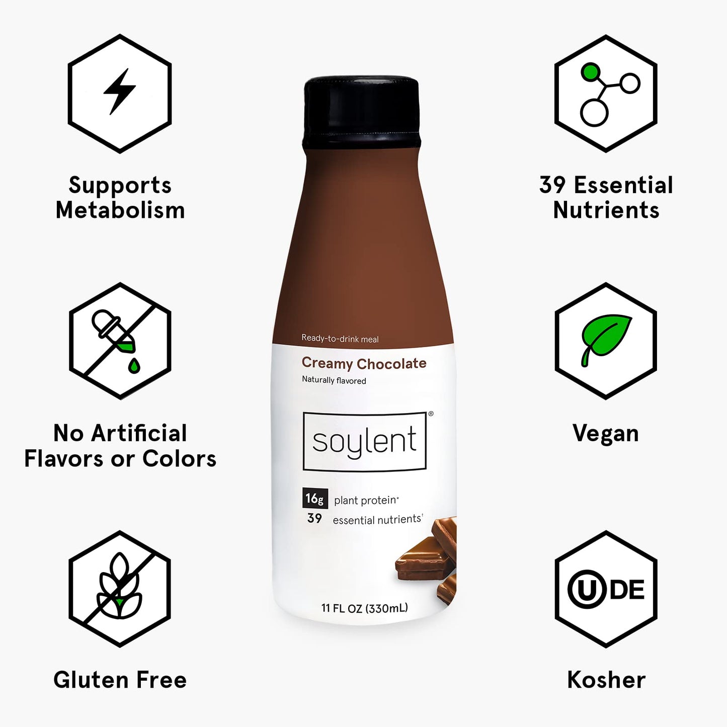 Soylent Creamy Chocolate Meal Replacement Shake, Contains 16g Complete Vegan Protein, Ready-to-Drink, 11oz, 4 Pack