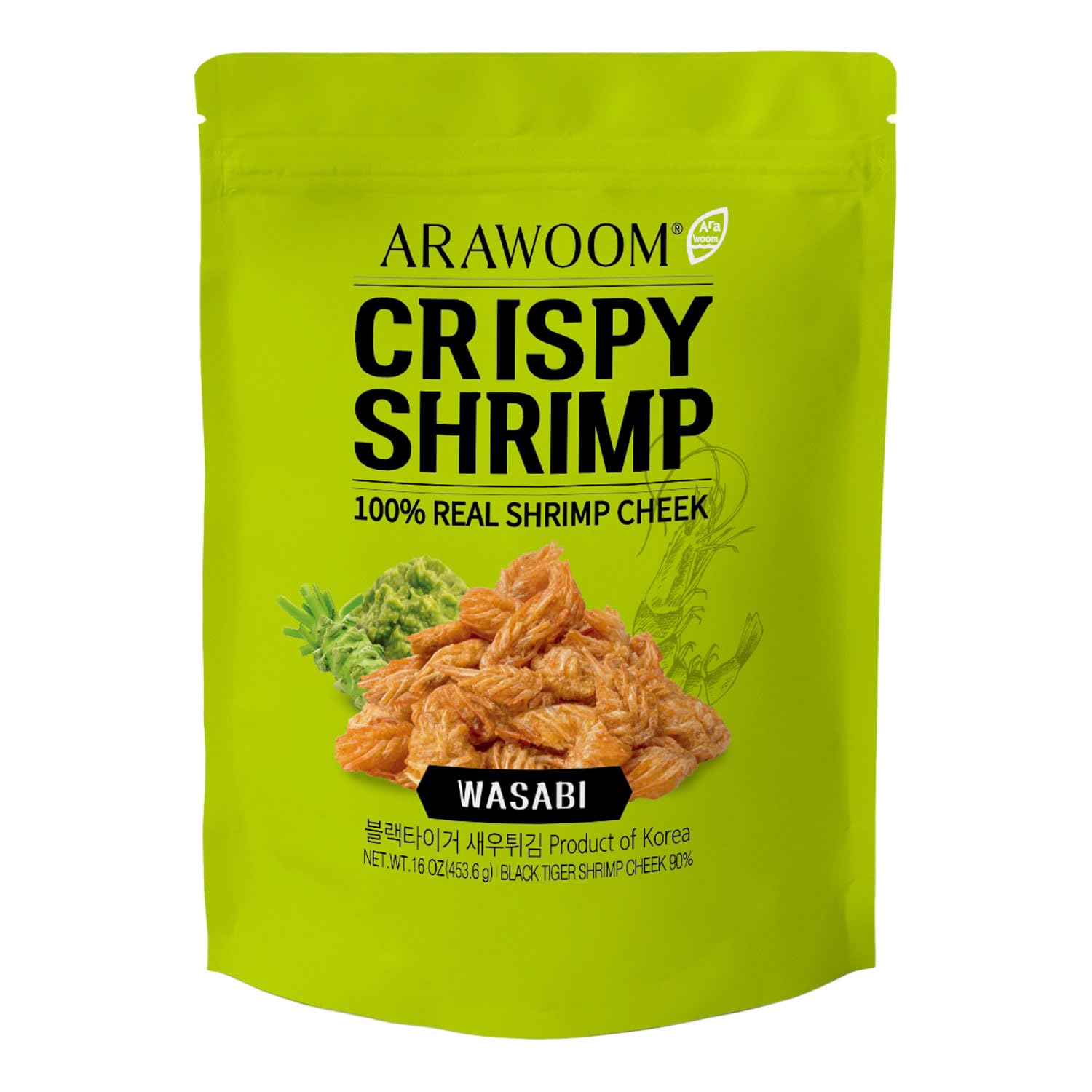 ARAWOOM - Real Crispy Shrimp Cheek Snack - 100% Real Black Tiger Shrimp - 16 ounce (Pack of 1) - Wasabi Flavor - Crunchy Treat f