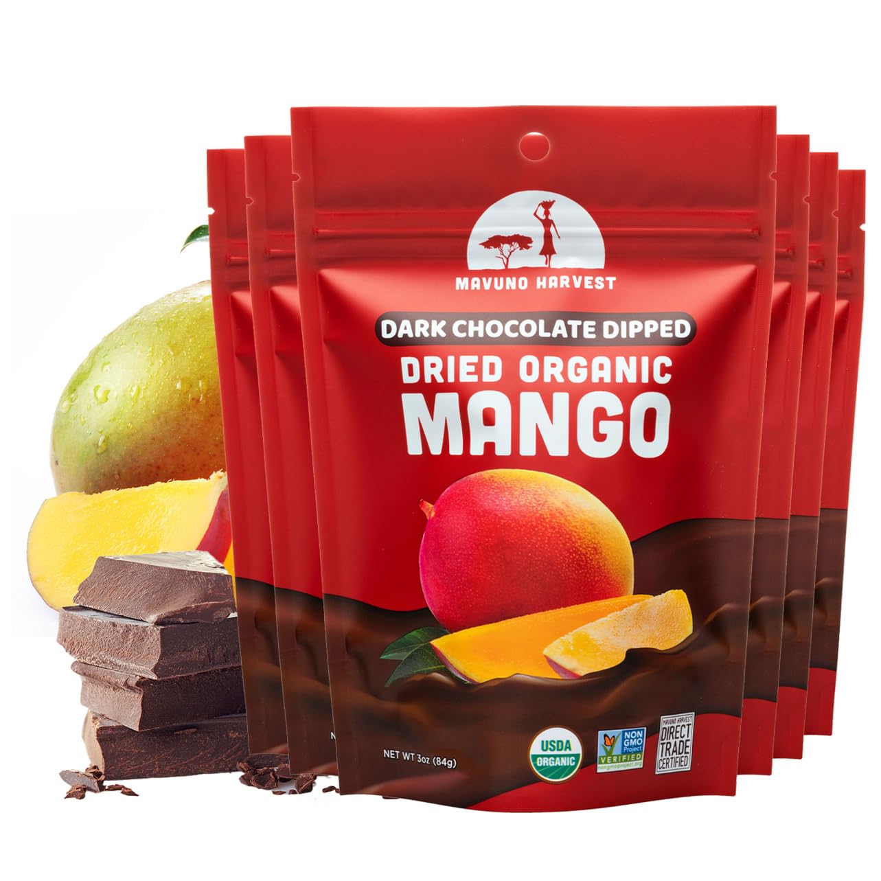 Mavuno Harvest Organic Chocolate Covered Mango - Organic Dried Mango Dipped in Dark Chocolate - Non GMO, Fair Trade, No Preserva