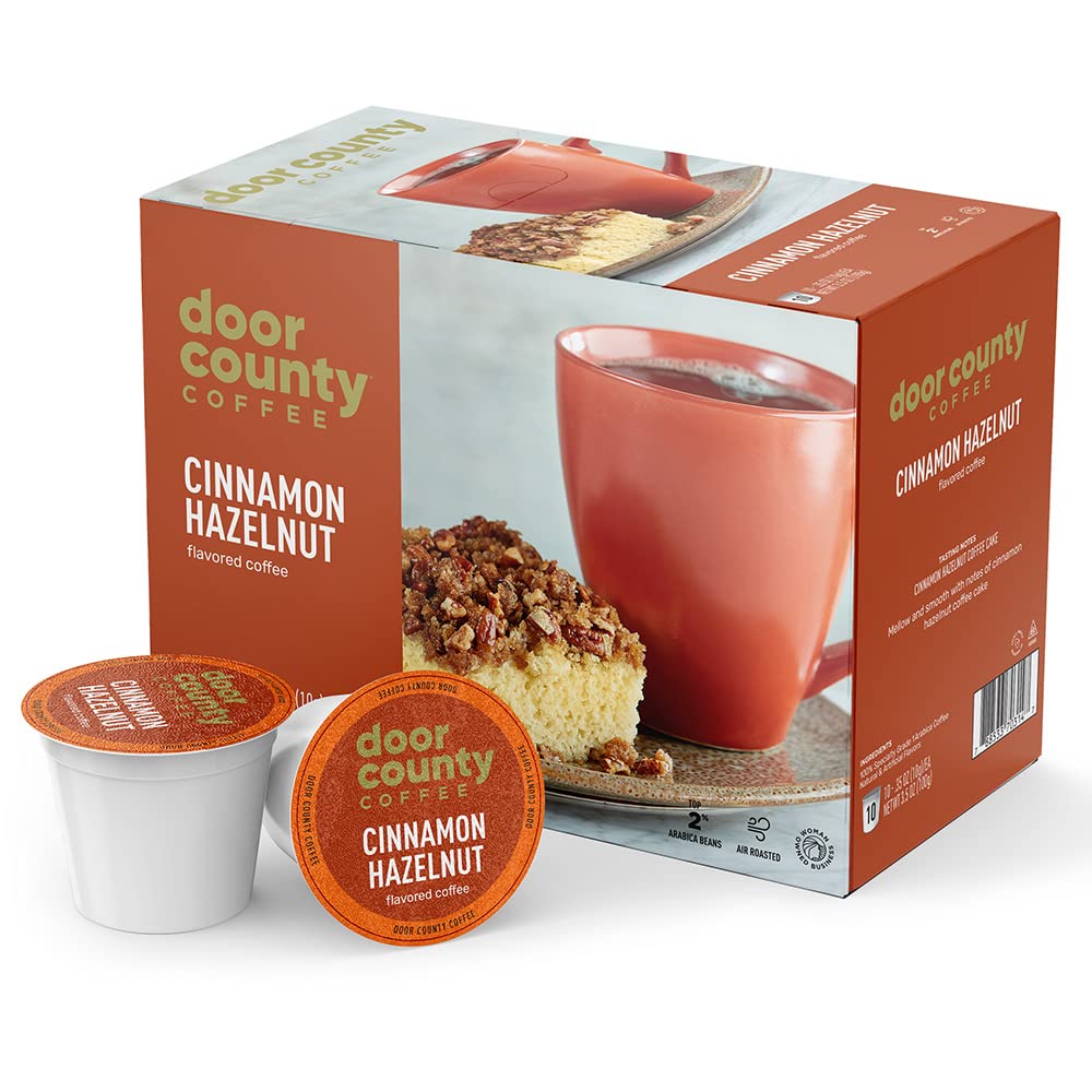 Door County Coffee Cinnamon Hazelnut Flavored Coffee Ground | 10 Count Single Serve Cups | Medium Roast | 100% Specialty Arabica